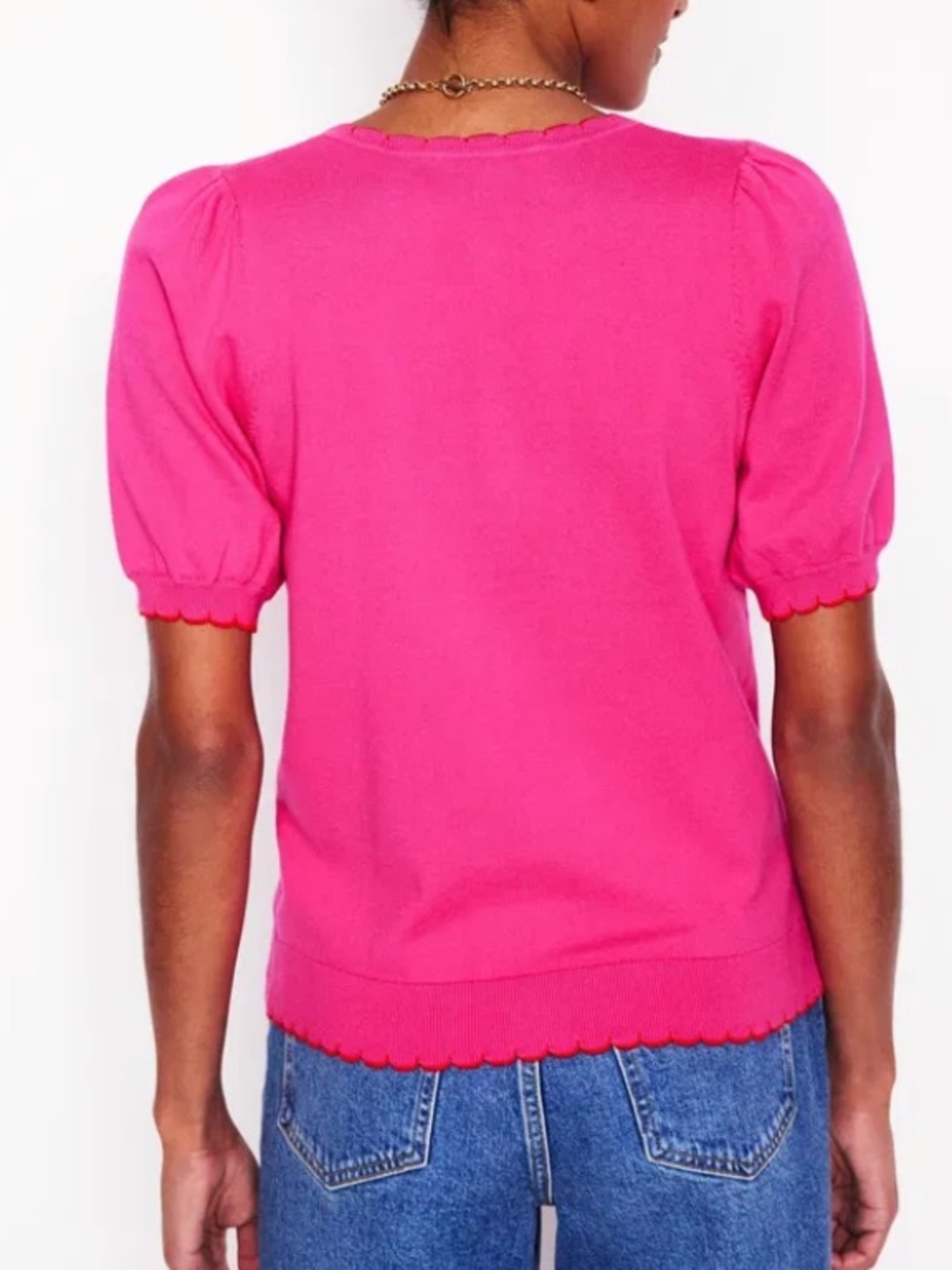 Boden pru scallop hem trim Henley tshirt pink puff sleeves EUC SZ M - Picture 2 of 9
